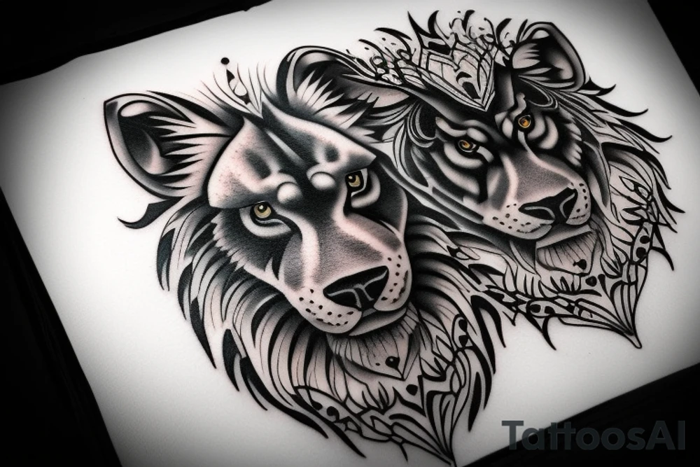 Black lion vs wolf tattoo idea