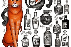 Orange cat with bottle russian vodka playing on balalayka tattoo idea