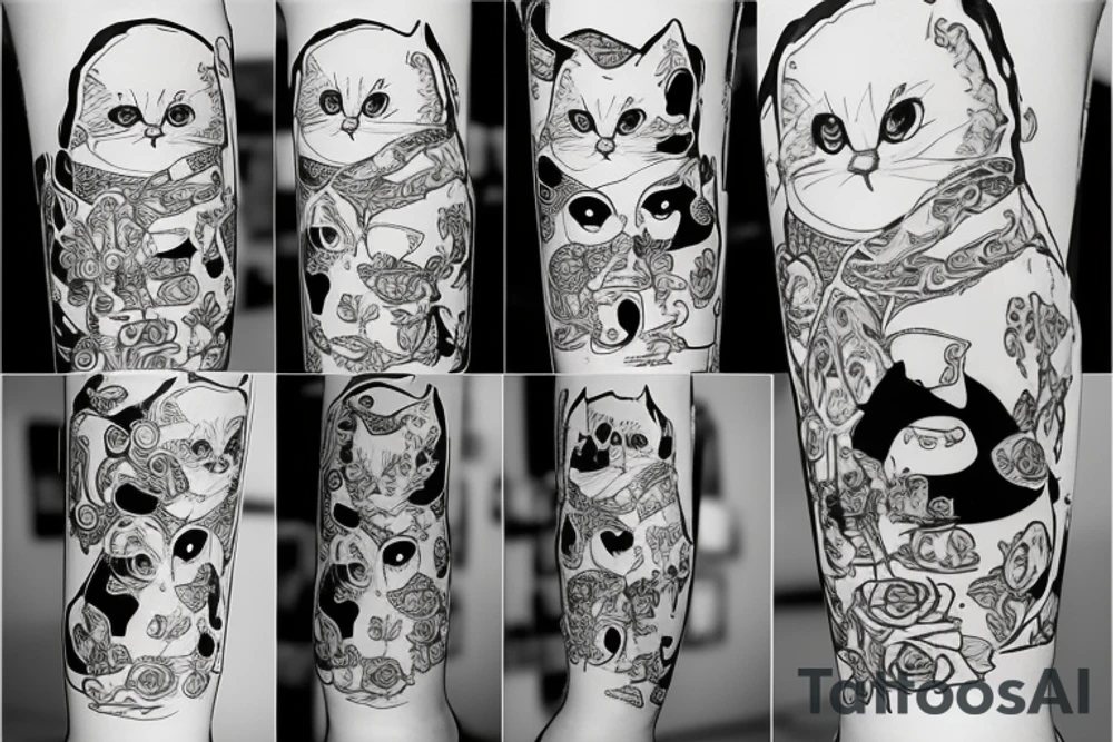 Orange cat with bottle russian vodka playing on balalayka tattoo idea