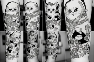 Orange cat with bottle russian vodka playing on balalayka tattoo idea