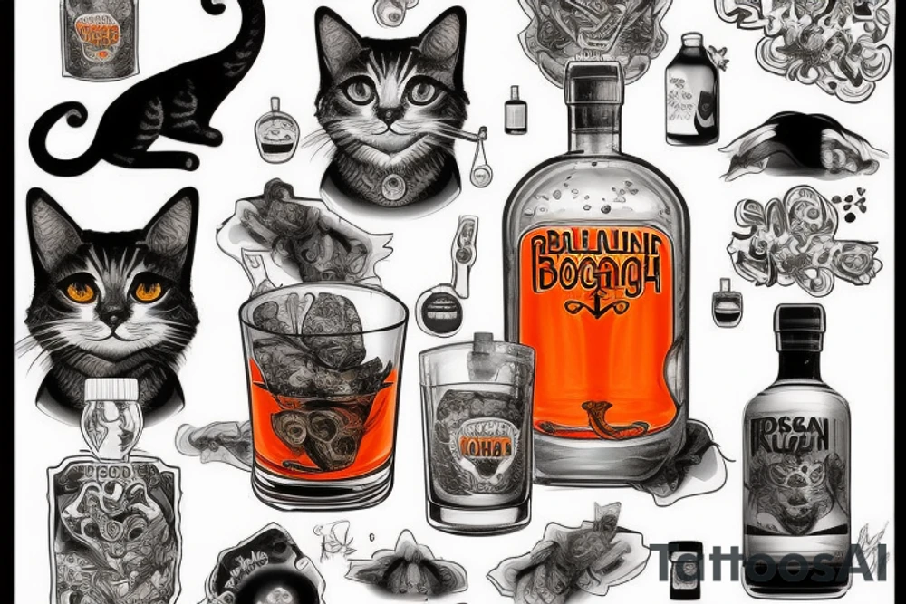 Orange cat drink russian vodka from boottle and playing on balalayka tattoo idea
