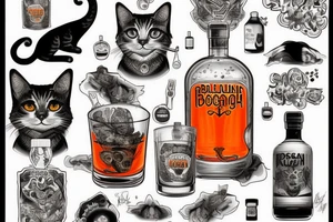 Orange cat drink russian vodka from boottle and playing on balalayka tattoo idea
