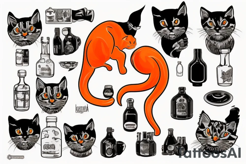 Orange cat drink russian vodka from boottle and playing on balalayka tattoo idea