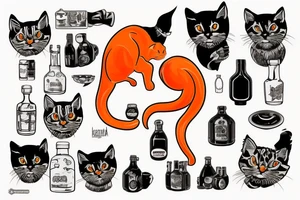 Orange cat drink russian vodka from boottle and playing on balalayka tattoo idea