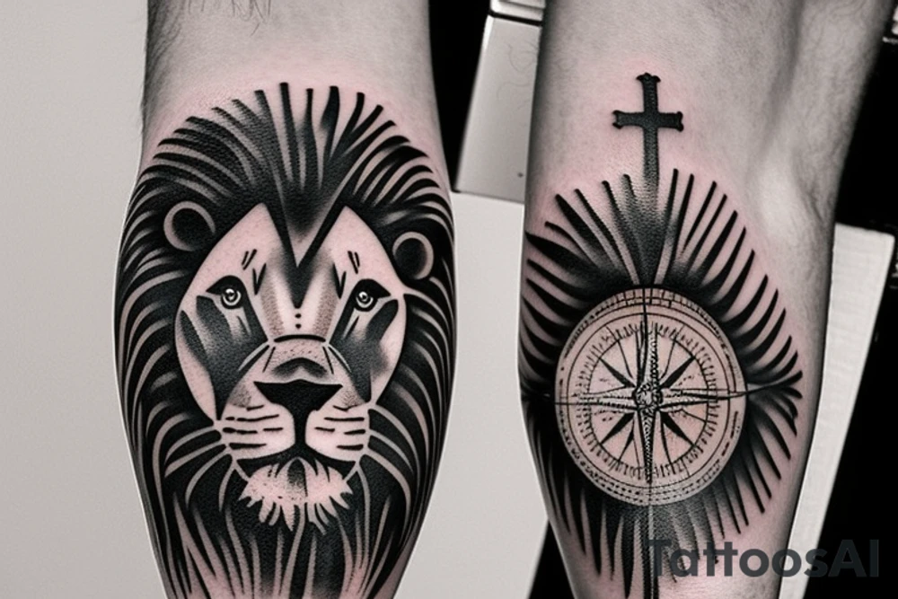 Lion compass jesus cross tattoo idea