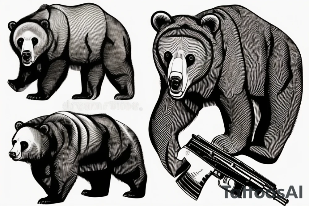 Vladimir Putin ride on the brown bear with ak-47 in right hand, and bottle vodka in left hand tattoo idea