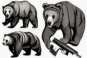 Vladimir Putin ride on the brown bear with ak-47 in right hand, and bottle vodka in left hand tattoo idea