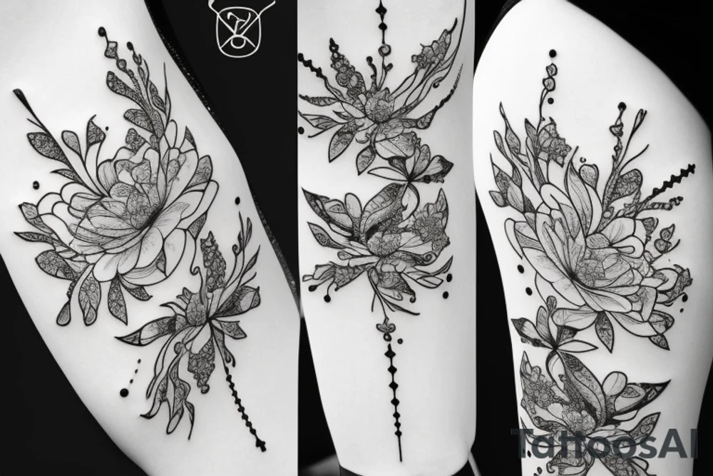 Constellation vierge, constellation poisson, bouquets de fleurs tattoo idea