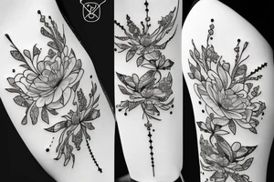 Constellation vierge, constellation poisson, bouquets de fleurs tattoo idea