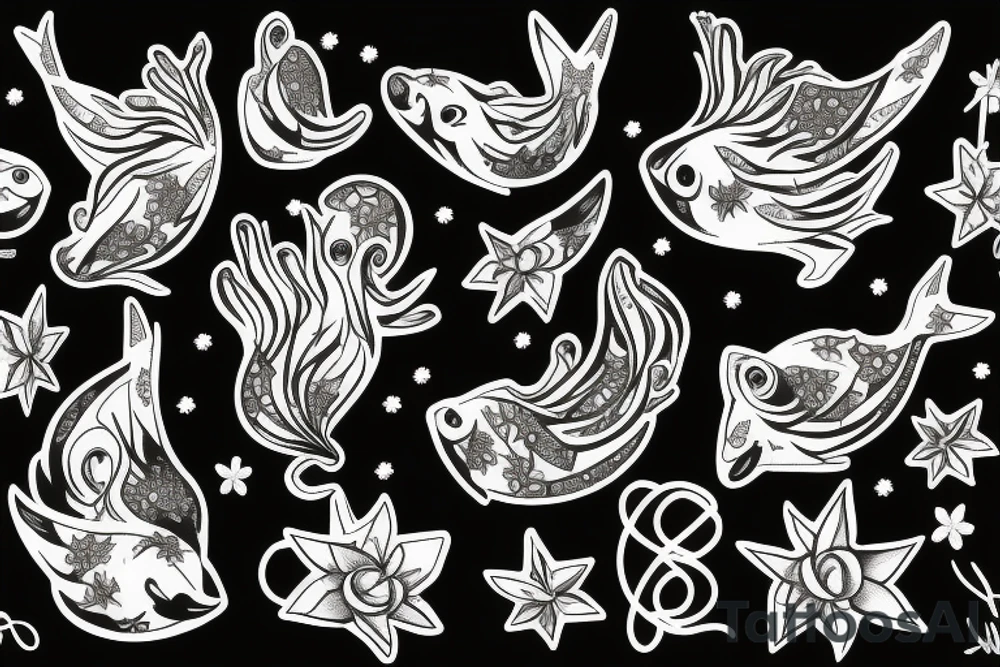 Constellation vierge, constellation poisson, bouquets de fleurs tattoo idea