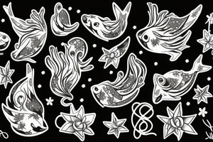 Constellation vierge, constellation poisson, bouquets de fleurs tattoo idea