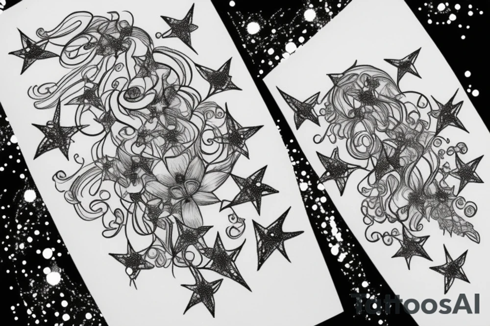 Constellation vierge, constellation poisson, bouquets de fleurs tattoo idea