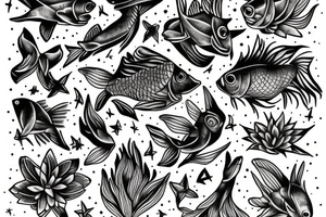 Constellation vierge, constellation poisson, bouquets de fleurs tattoo idea
