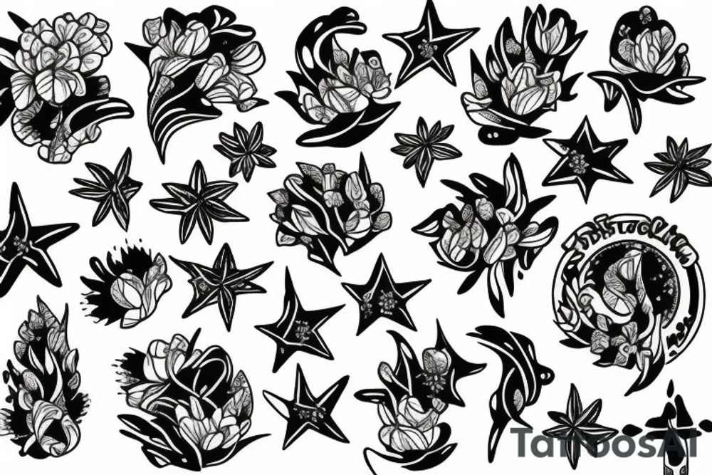 Constellation vierge, constellation poisson, bouquets de fleurs tattoo idea