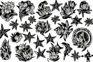 Constellation vierge, constellation poisson, bouquets de fleurs tattoo idea