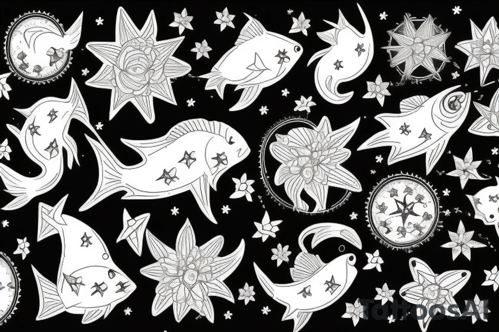 Constellation poisson et constellation vierge et bouquets de fleurs tattoo idea Constellation poisson et constellation vierge et bouquets de fleurs tattoo idea