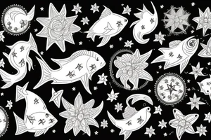 Constellation poisson et constellation vierge et bouquets de fleurs tattoo idea