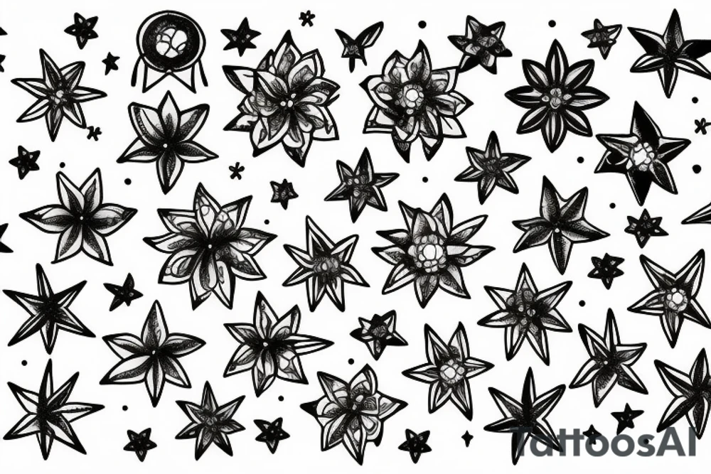 Constellation poisson et constellation vierge et bouquets de fleurs tattoo idea