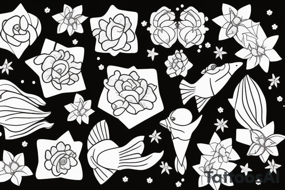 Constellation poisson et constellation vierge et bouquets de fleurs tattoo idea