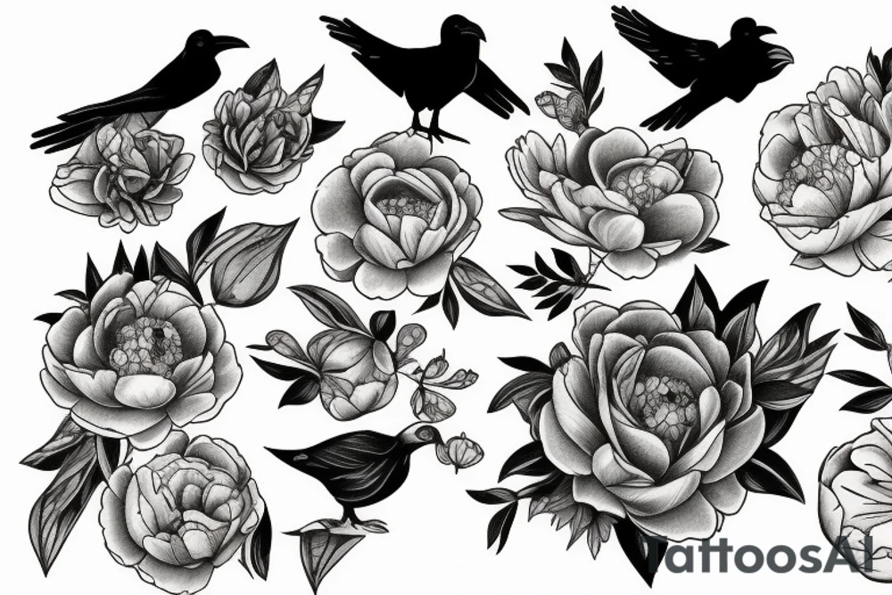 Raven and peonies tattoo idea