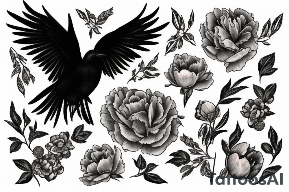 Raven and peonies tattoo idea