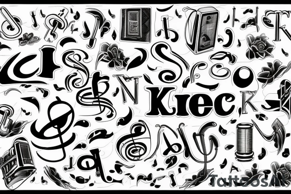 the letters KCE on the front of the building with musical notes tattoo idea