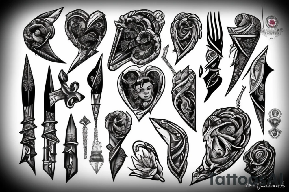 heart piecered with daggers tattoo idea