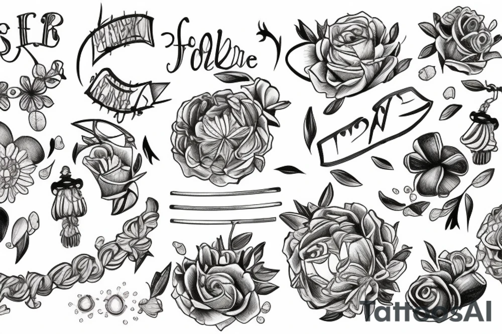 flower with petals being picked, sprinkler splashes and fireplace ashes, friendship bracelets tattoo idea