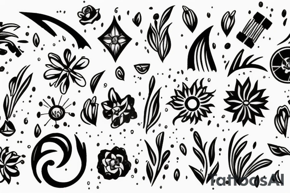 flower with petals being picked, sprinkler splashes and fireplace ashes, friendship bracelets tattoo idea
