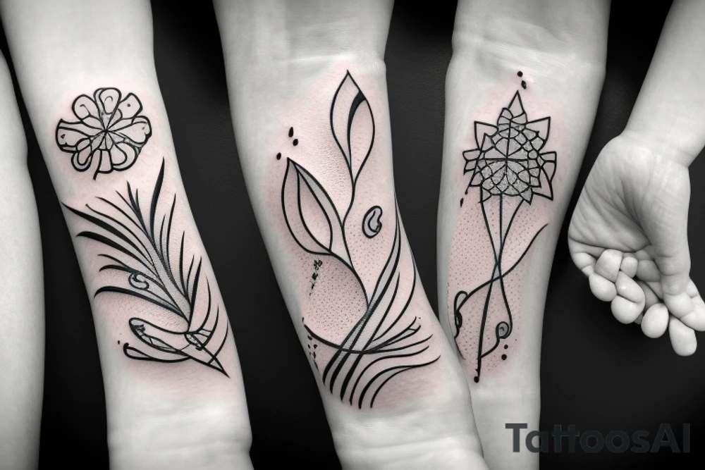 flower with petals being picked, sprinkler splashes and fireplace ashes, friendship bracelets tattoo idea