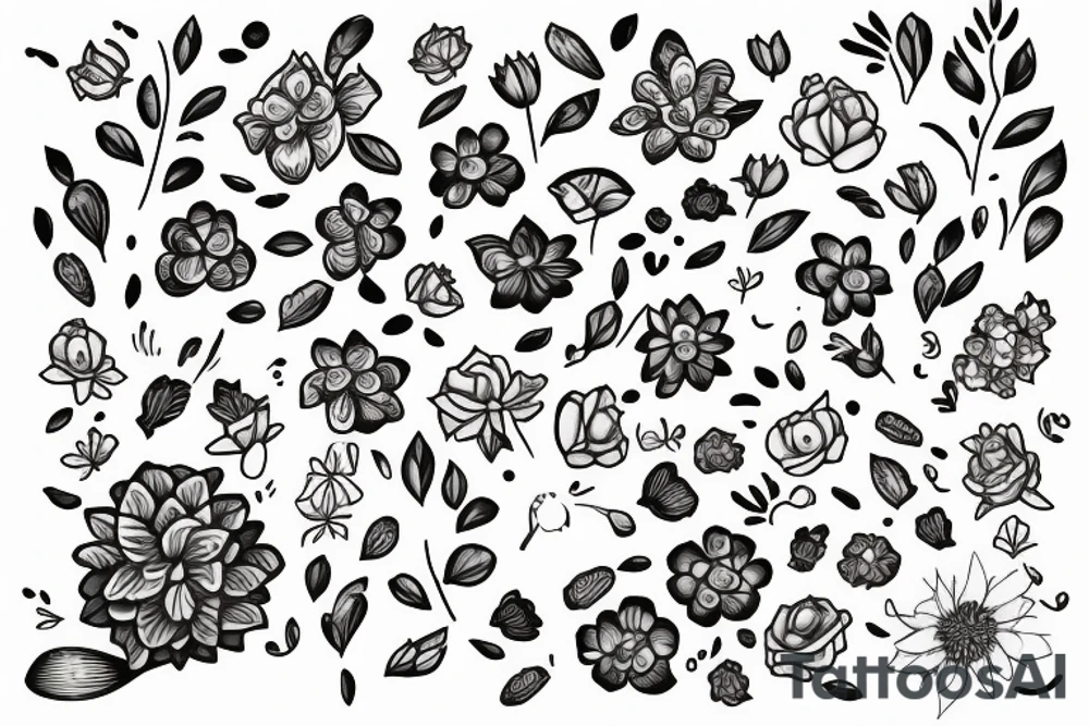 flower with petals being picked, sprinkler splashes and fireplace ashes, friendship bracelets tattoo idea
