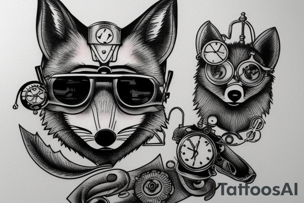 Wise old fox with glasses in steampunk tattoo idea