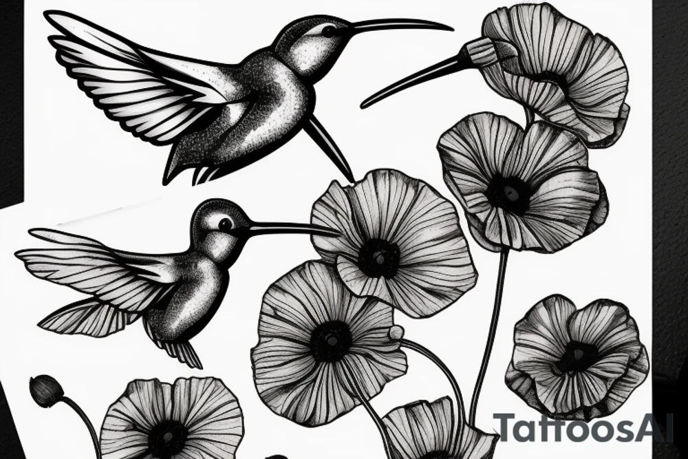 Humming bird holding a poppy flower tattoo idea