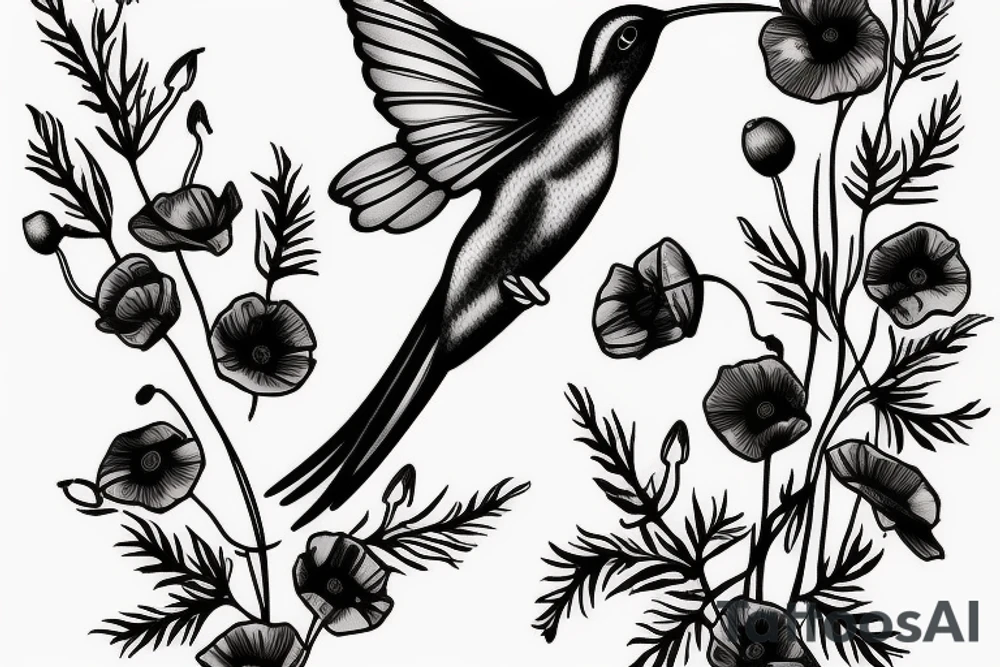 Humming bird holding a poppy flower tattoo idea