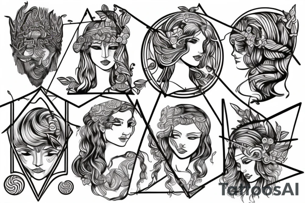 Greek mythology with geometry fine line style tattoo idea