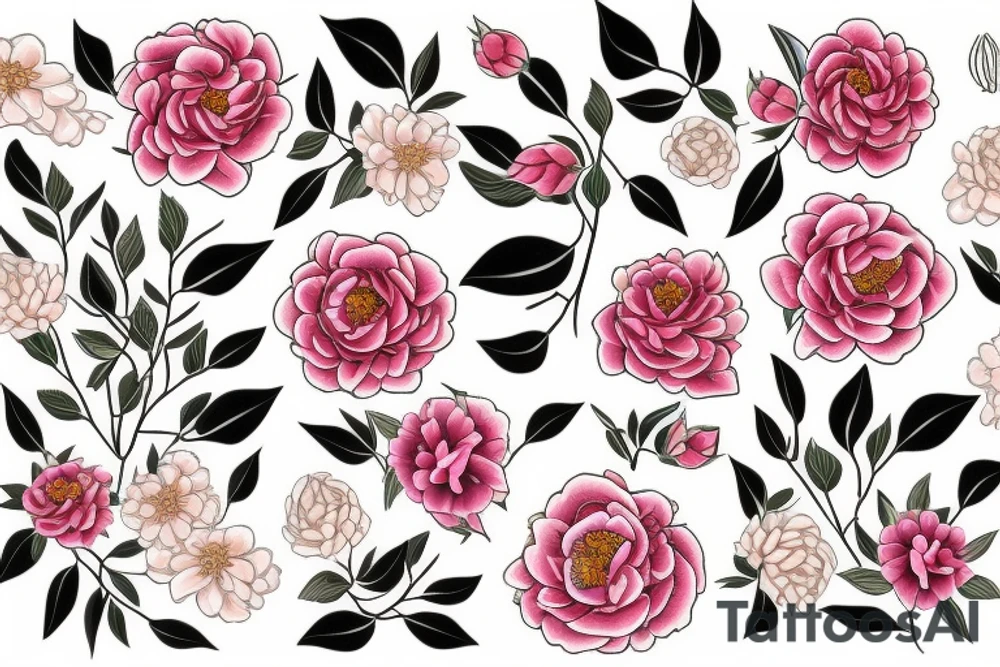 Floral wreath of peonies and camellias tattoo idea