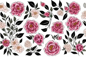 Floral wreath of peonies and camellias tattoo idea