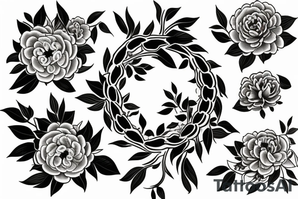 Floral wreath of peonies and camellias tattoo idea