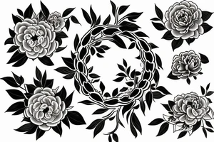 Floral wreath of peonies and camellias tattoo idea