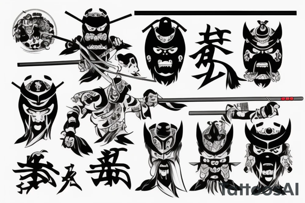 Japanese demon Ono samurai with katana tattoo idea