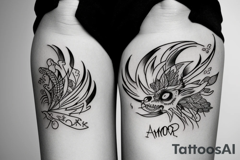 The inscription Amor Fati styled with fire tattoo idea