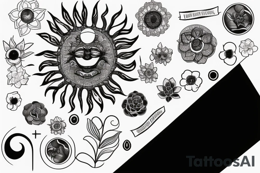 Black sun radiating positivity in the shape of a flower tattoo idea