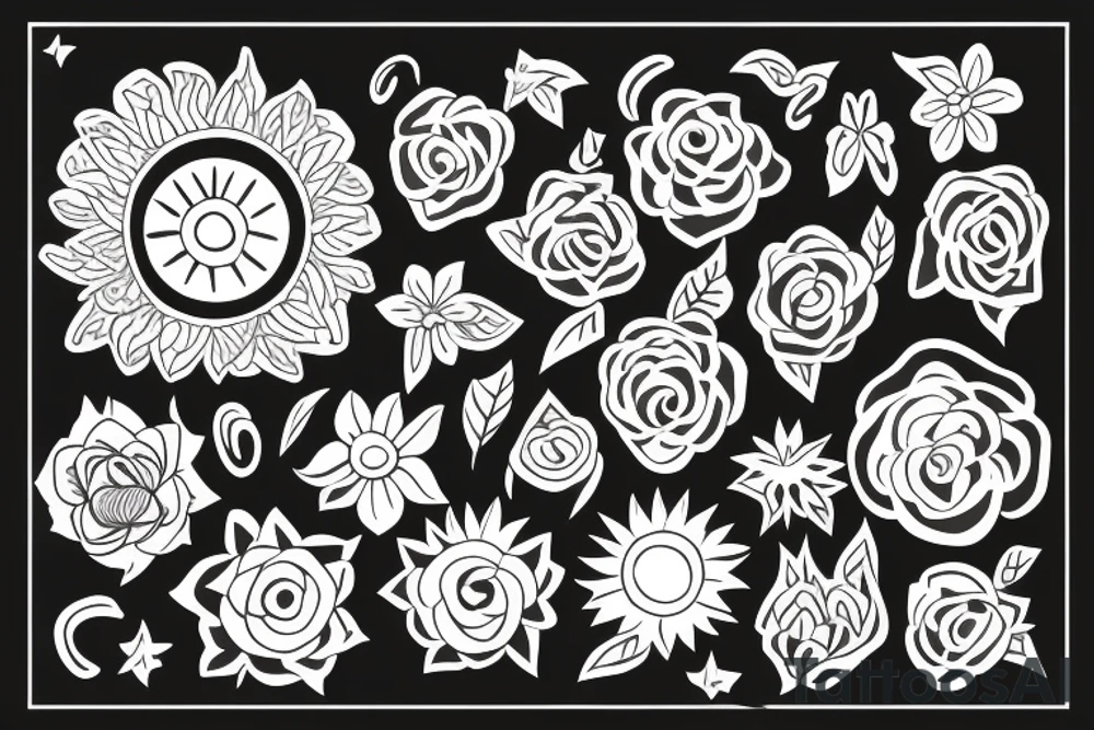 Black sun radiating positivity in the shape of a flower tattoo idea