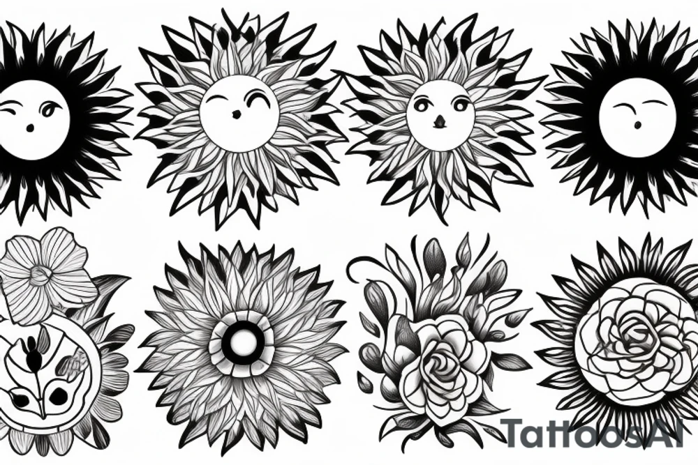 Black sun radiating in flower petals tattoo idea