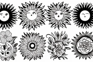 Black sun radiating in flower petals tattoo idea