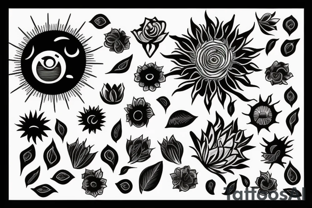 Black sun radiating in flower petals tattoo idea