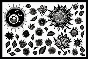 Black sun radiating in flower petals tattoo idea