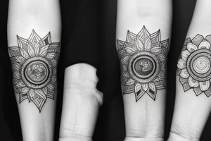 Black sun radiating in flower petals positivity in centre tattoo idea
