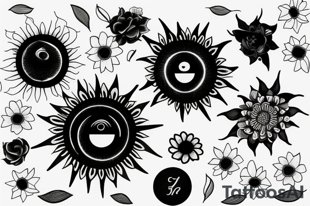 Black sun radiating in flower petals positivity in centre tattoo idea