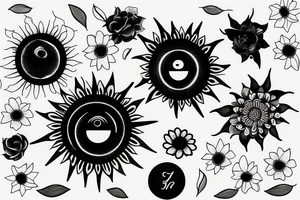 Black sun radiating in flower petals positivity in centre tattoo idea